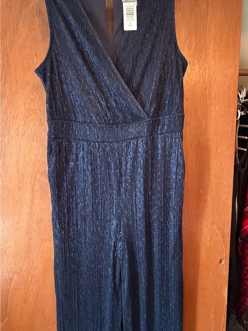 torrid Navy Blue Metallic Pleated Wrap Jumpsuit